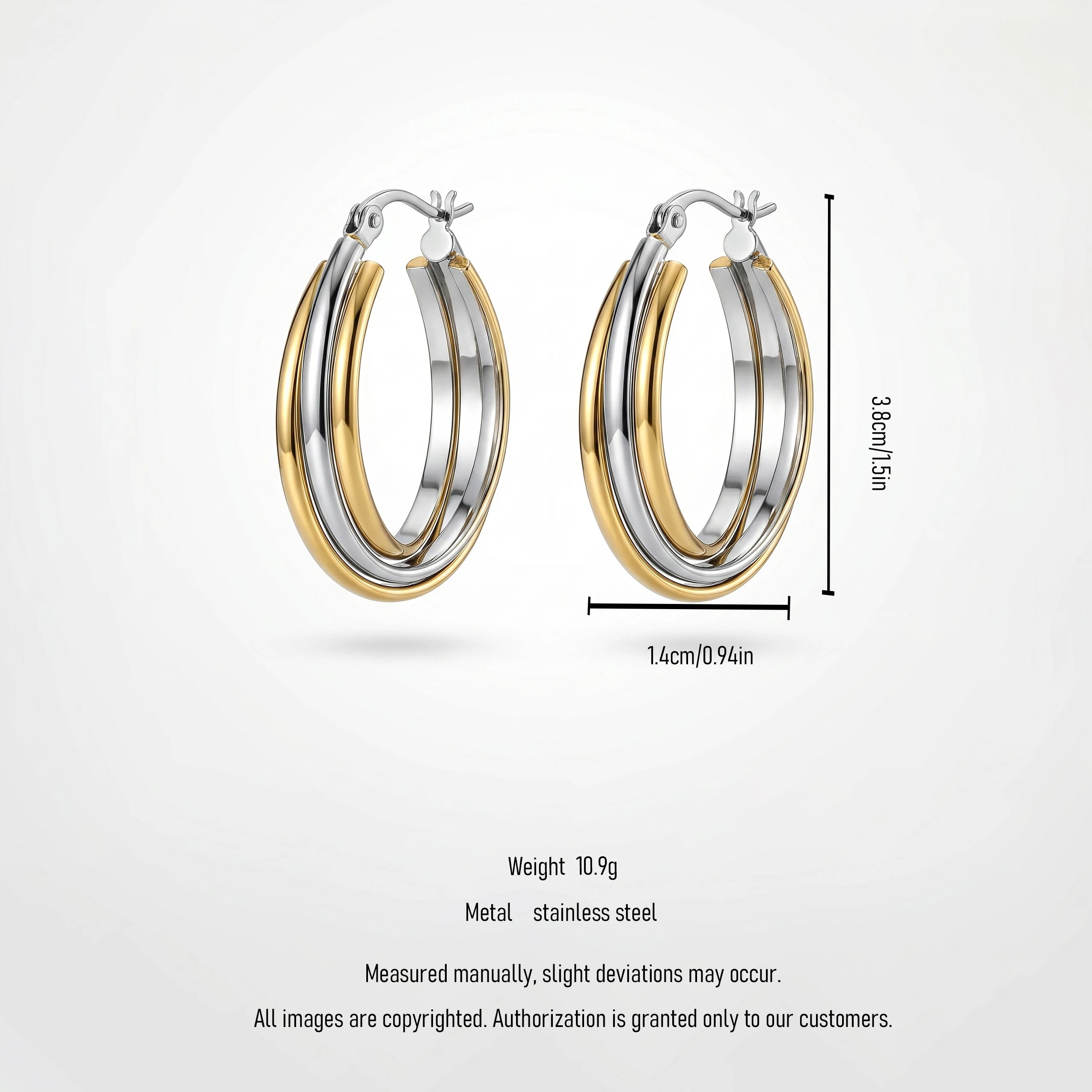QIAOREN 12405 Waterproof Tarnish Free Triple Band Hoop Earrings Gold Silver Two-Tone Multi-Layer Latchback Hoops Europe US