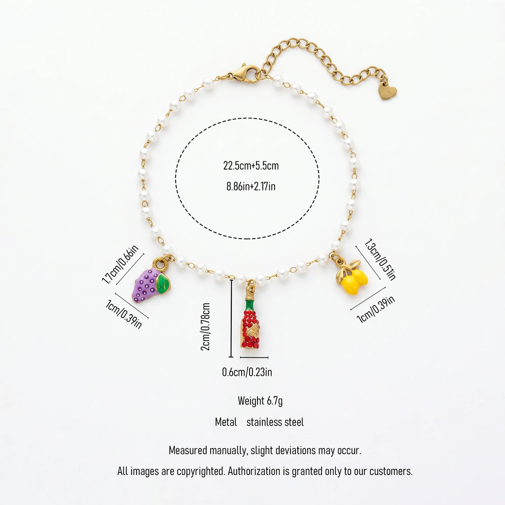 QIAOREN 13308 Sweet Fruit Themed Pearl Anklet Enamel Grape Lemon Rhinestone Wine Bottle Adjustable Heart Jewelry