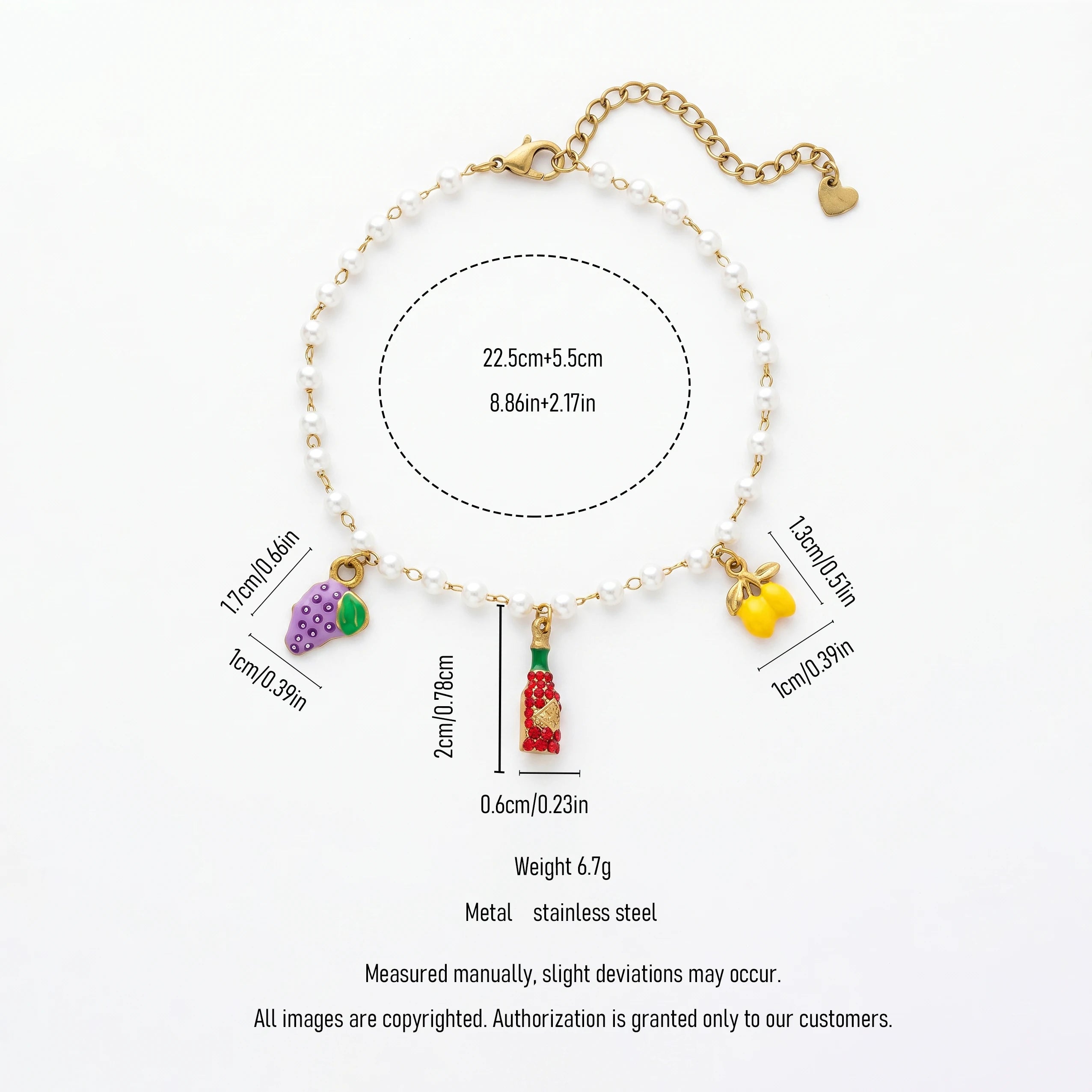 QIAOREN 13308 Sweet Fruit Themed Pearl Anklet Enamel Grape Lemon Rhinestone Wine Bottle Adjustable Heart Jewelry