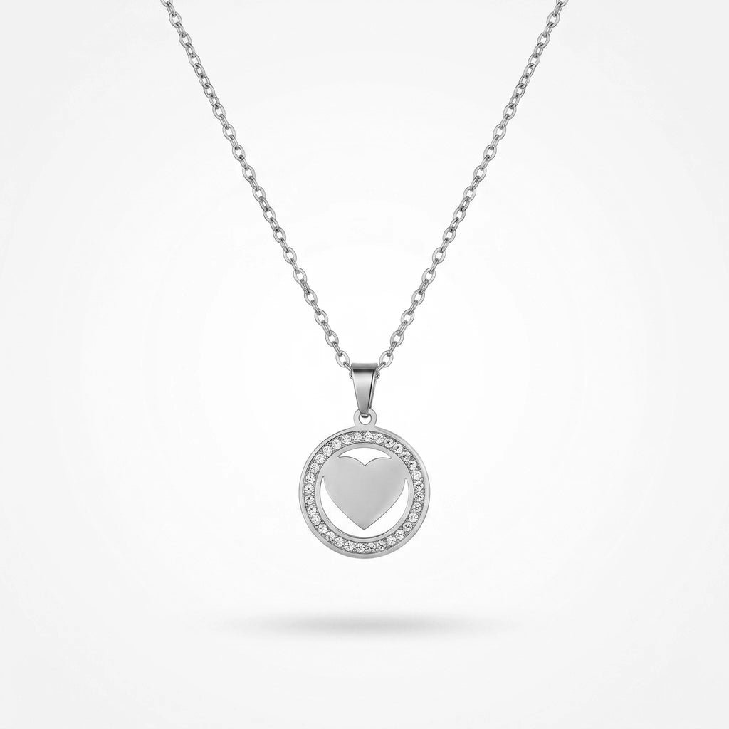 QIAOREN11860 Trendy Sparkling CZ Pave Heart Circle Necklace Stainless Steel Gold Plated Halo Love Pendant Jewelry for Women US