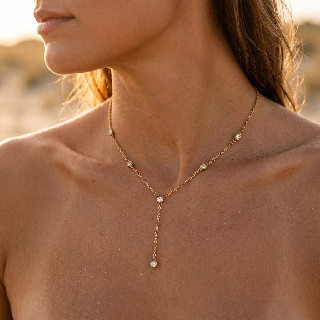 QIAOREN 10600 Link Chain Y Drop Pendant Necklace 18K Gold Plated Stainless Steel Waterproof Tarnish Free Trendy Jewelry