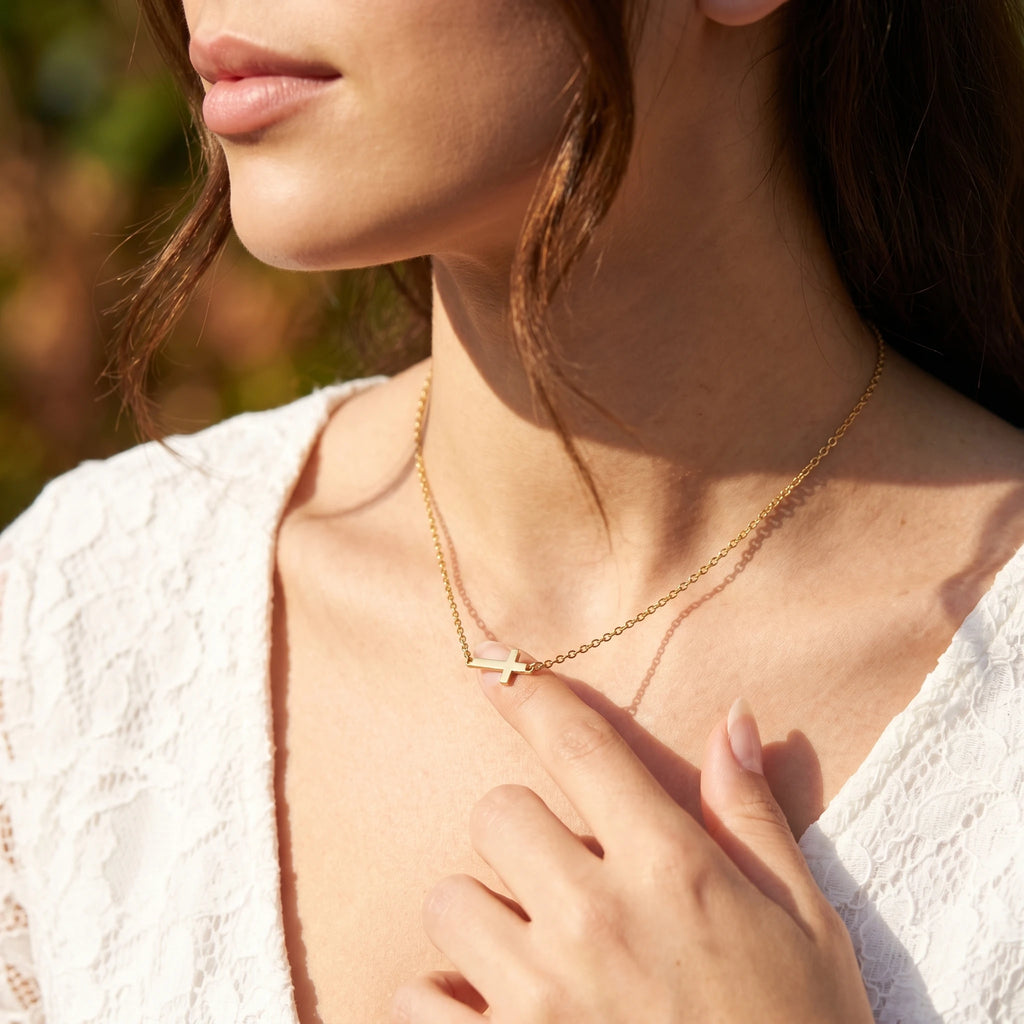 QIAOREN  10629 18K Gold Plated Sideways Mini Cross Necklace Stainless Steel Tarnish Free Waterproof Jewelry
