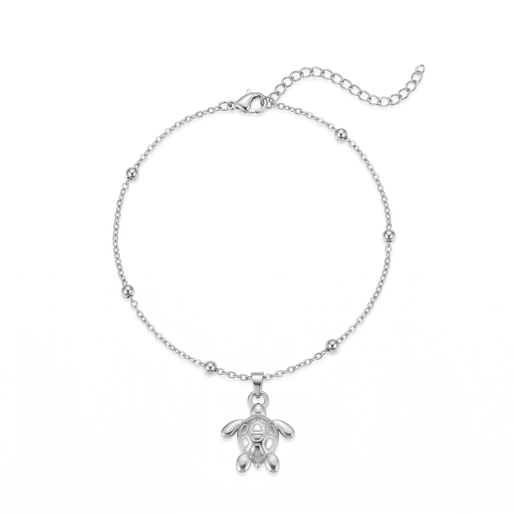 QIAOREN 11441 Dainty Boho Sea Turtle Charm Anklet 18K Gold Plated Stainless Steel Beach Foot Jewelry