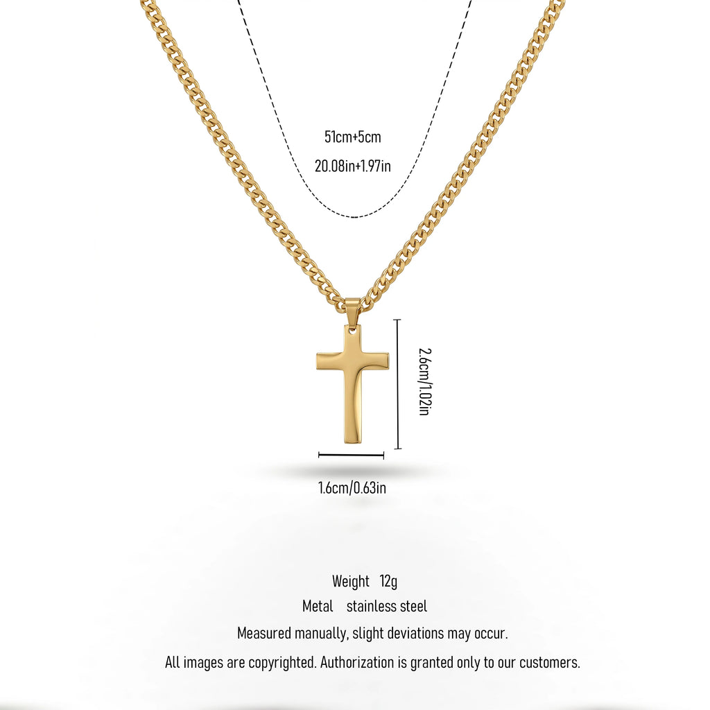 QIAOREN 11361 Tarnish Resistant Waterproof 18K Gold Plated Stainless Steel Thick Cuban Cross Pendant Necklace