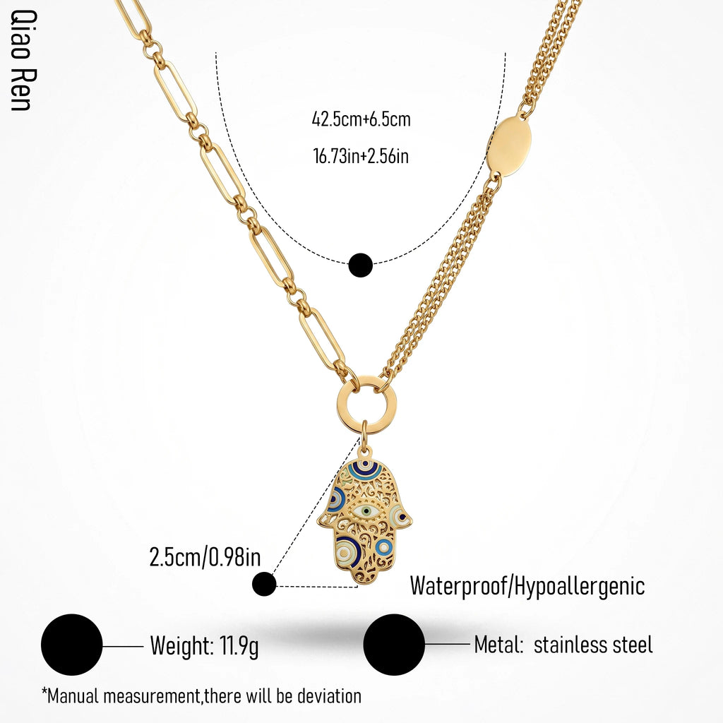 QIAOREN 14416 Mixed Link Chain Hamsa Hand Enamel Pendant Necklace, Stainless Steel Necklace Jewelry Gift for Daily Outfits