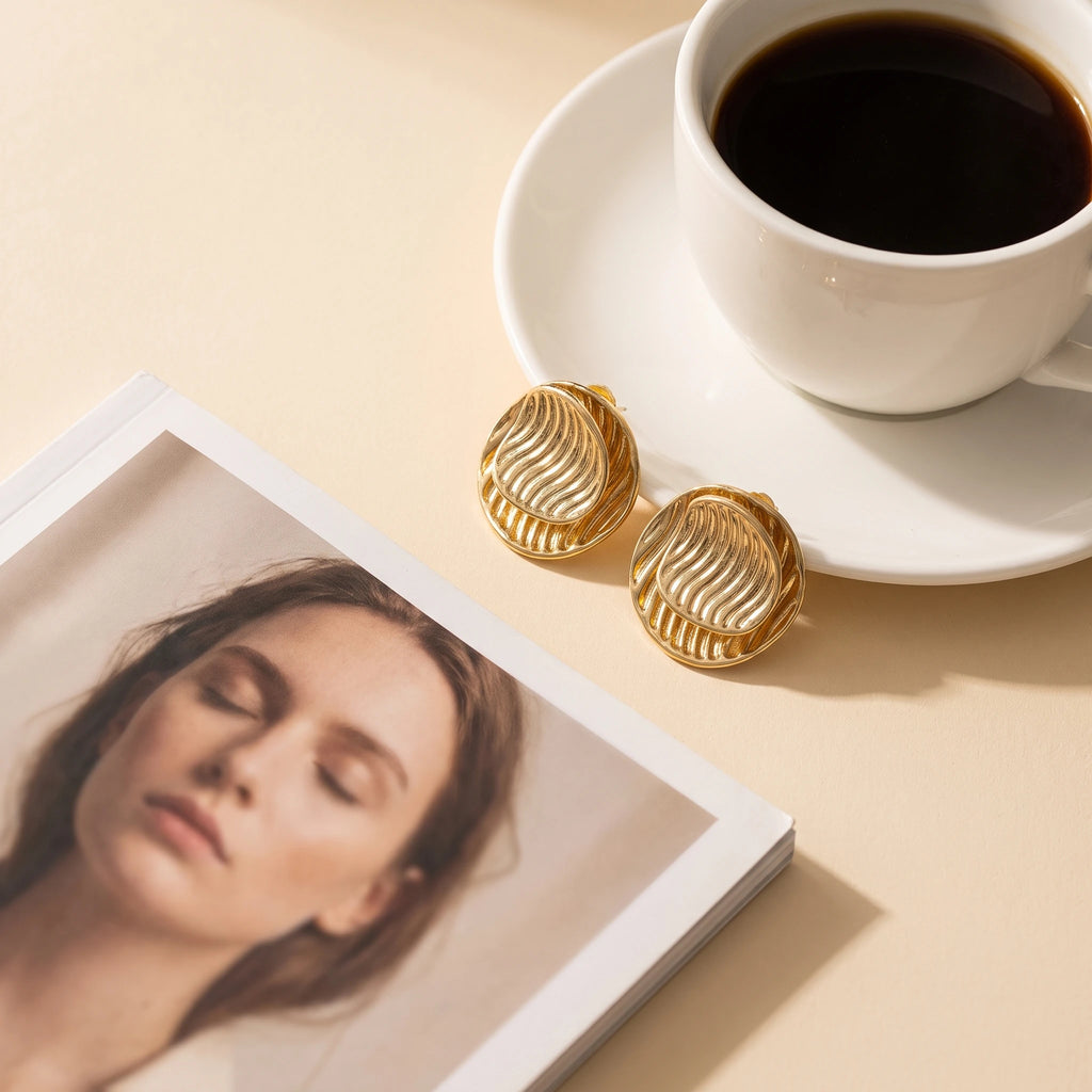 QIAOREN 14552 Double Layer Wavy Ridged Disc Stud Earrings, Textured Stacked Gold Tone Sculptural Earrings