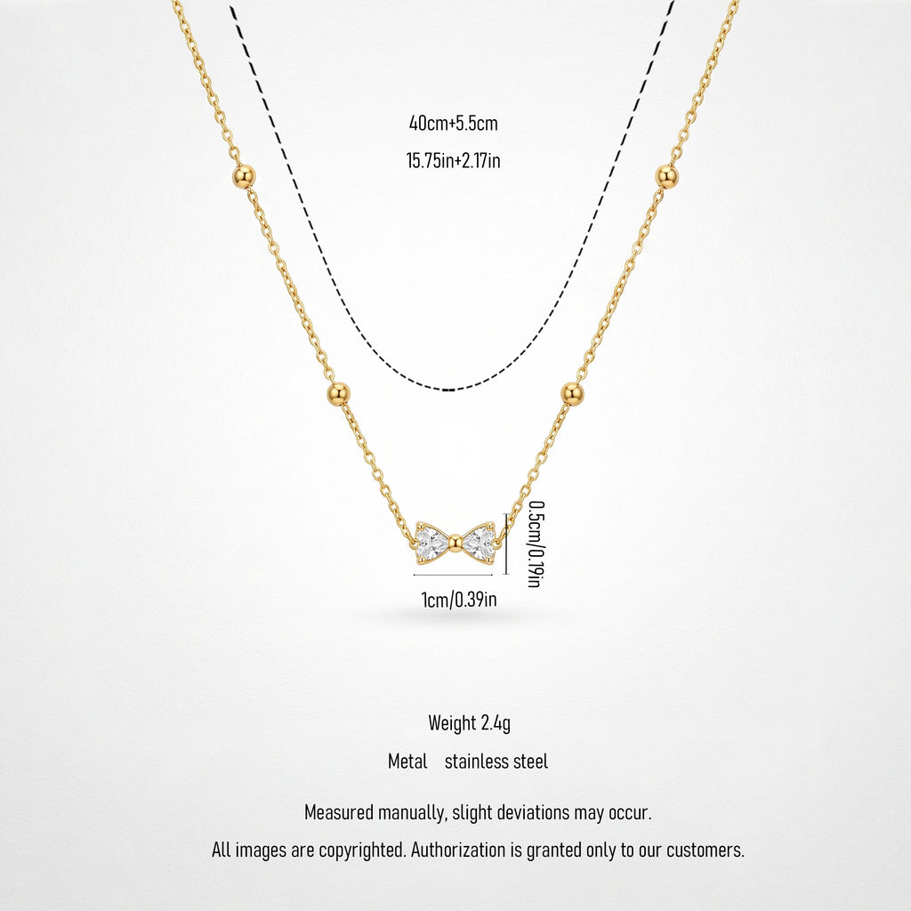 QIAOREN 13509 Dainty Crystal Bow Pendant Station Necklace with Round Beaded Thin Cable Chain, Gold Mini Bowknot CZ Necklace