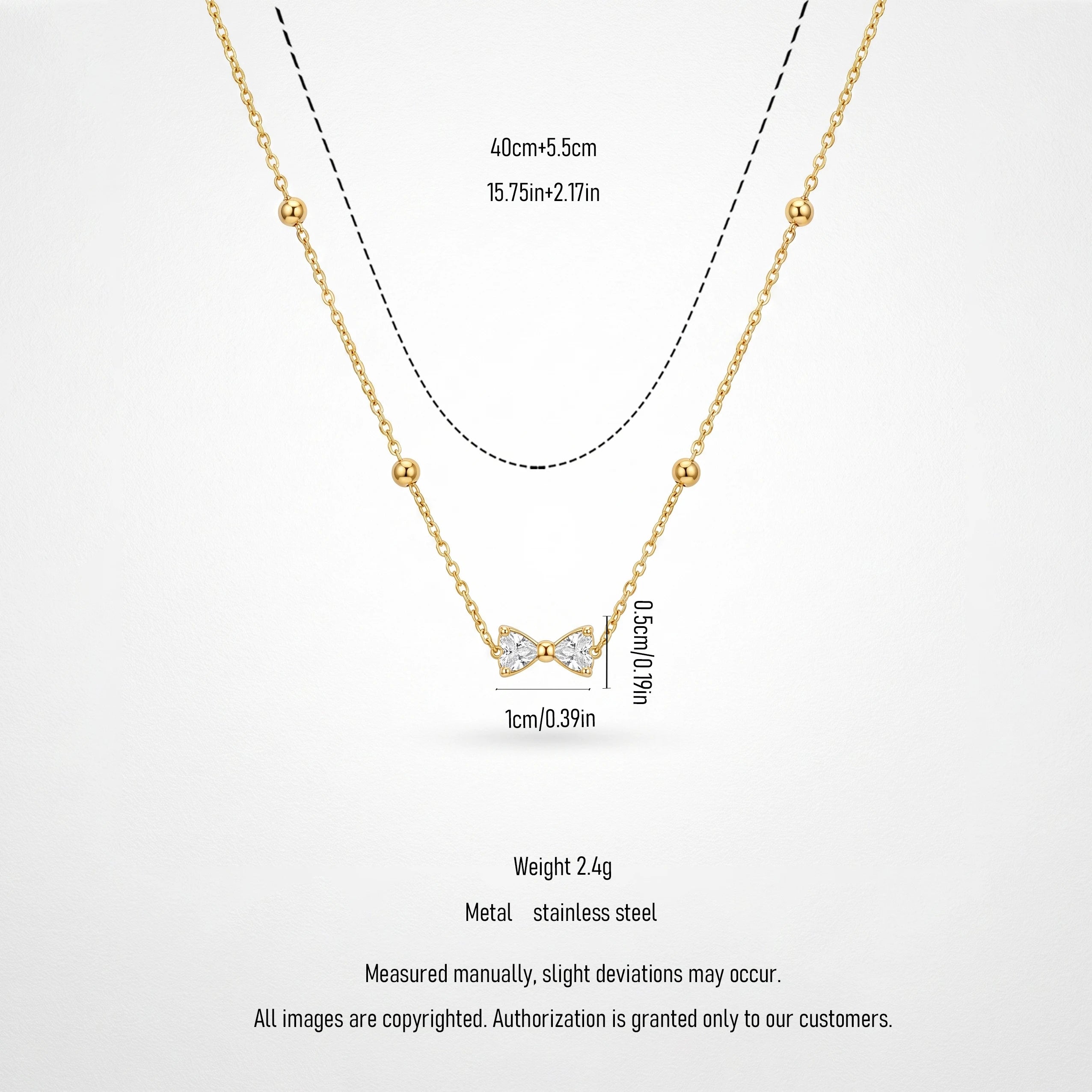 QIAOREN 13509 Dainty Crystal Bow Pendant Station Necklace with Round Beaded Thin Cable Chain, Gold Mini Bowknot CZ Necklace