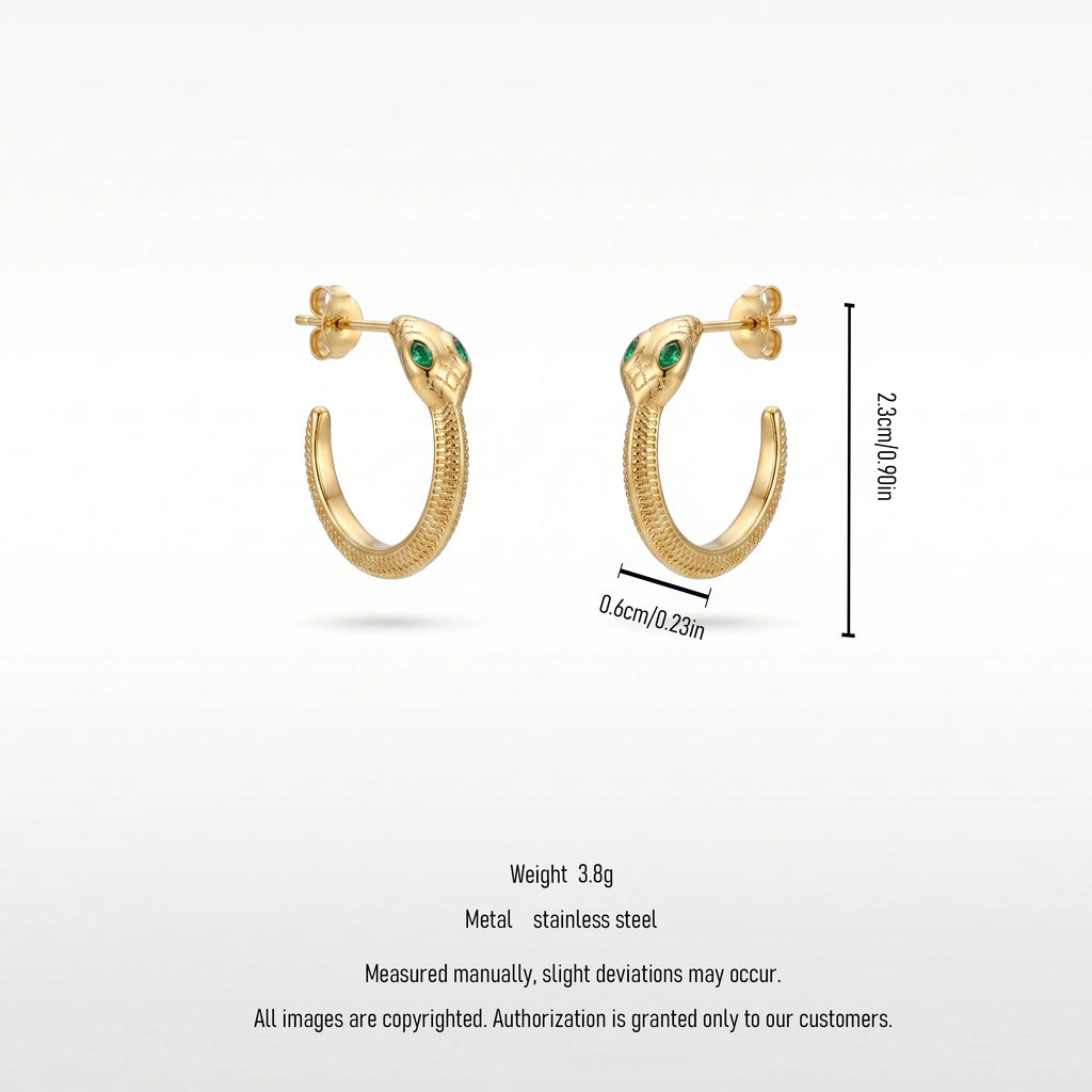 QIAOREN 12336 Gothic Geometric Snake Hoop Earrings 18K Gold Plated Stainless Steel Textured Scale Serpent C Hops Medusa Party