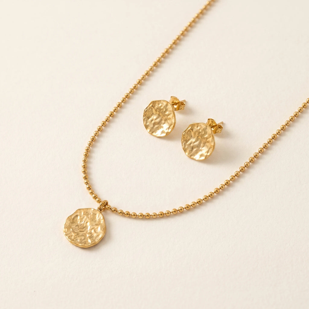 QIAOREN 11694 Tarnish Free 18K Gold Stainless Steel Hammered Disc Jewelry Set Ball Chain Necklace & Stud Earrings