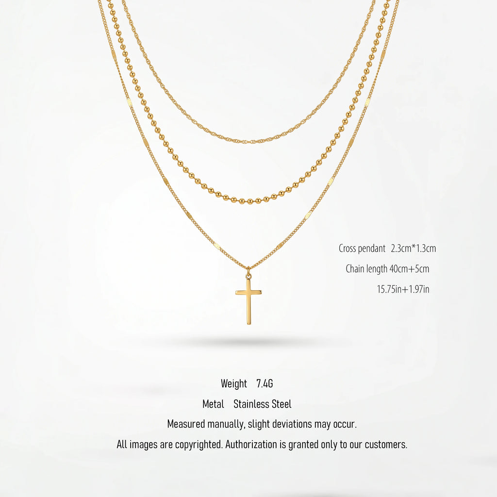 QIAOREN 10602 3 Layered Cross Pendant Necklace Link Chain 18K Gold Plated Stainless Steel Waterproof Tarnish Free Unisex Jewelry