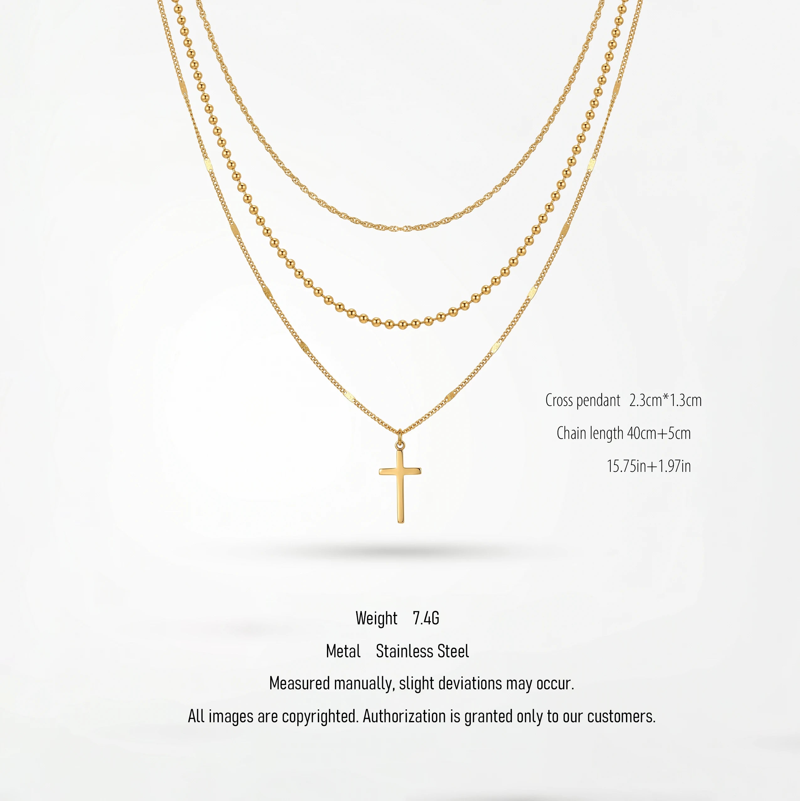 QIAOREN 10602 3 Layered Cross Pendant Necklace Link Chain 18K Gold Plated Stainless Steel Waterproof Tarnish Free Unisex Jewelry