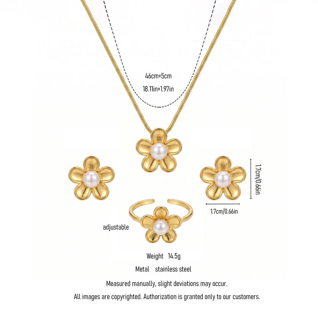QIAOREN 11634 Hypoallergenic 18K Gold Plated Stainless Steel Puffy Daisy Flower Women's Jewelry Set Pearl Snake Chain Necklace