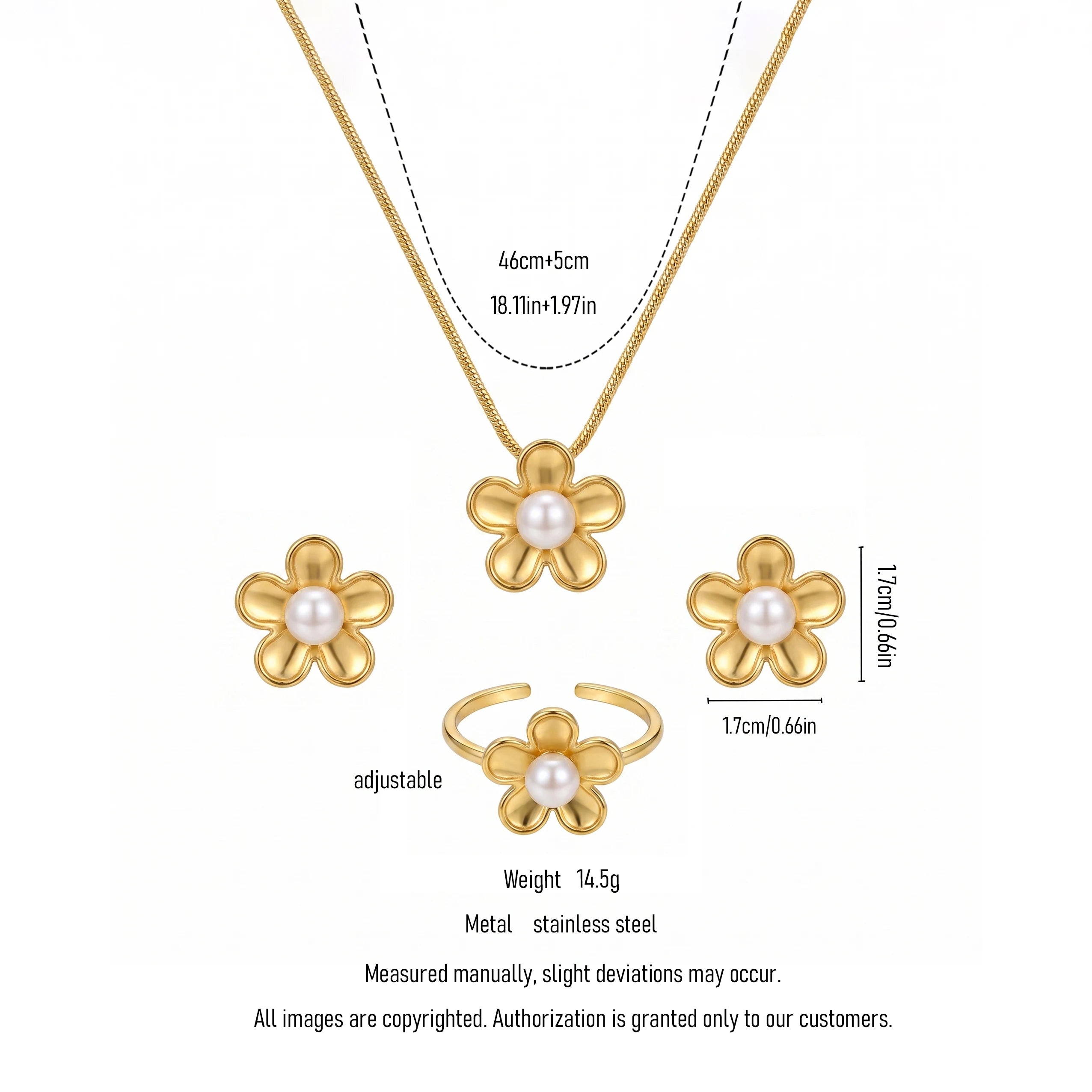 QIAOREN 11634 Hypoallergenic 18K Gold Plated Stainless Steel Puffy Daisy Flower Women's Jewelry Set Pearl Snake Chain Necklace