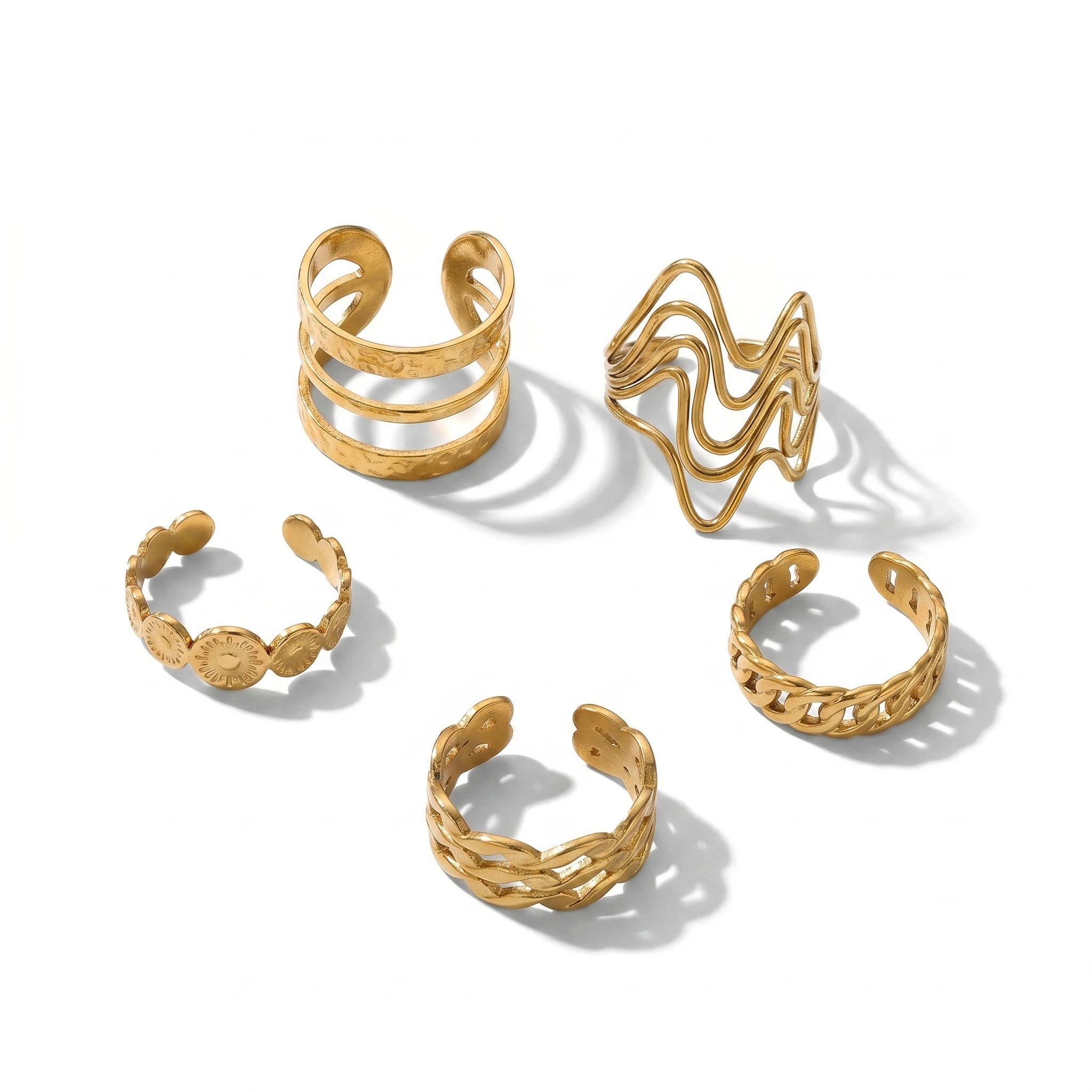 QIAOREN 13106-10 5Pcs 18K Gold Plated Stainless Steel Open Ring Set, Adjustable Stackable Durable Finger Rings