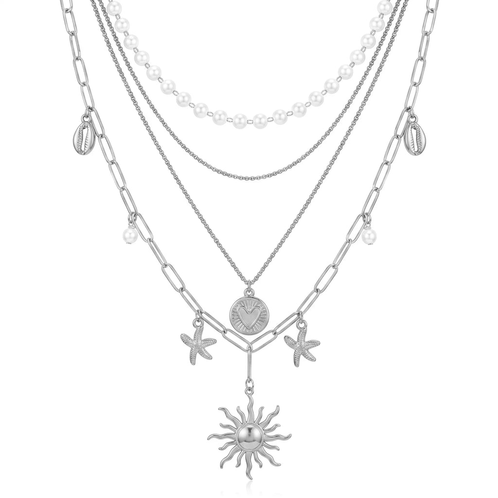 QIAOREN 11532 18K Gold Plated 4 Layer Pearl Cowrie Shell Starfish Sun Pendant Necklace Stainless Steel