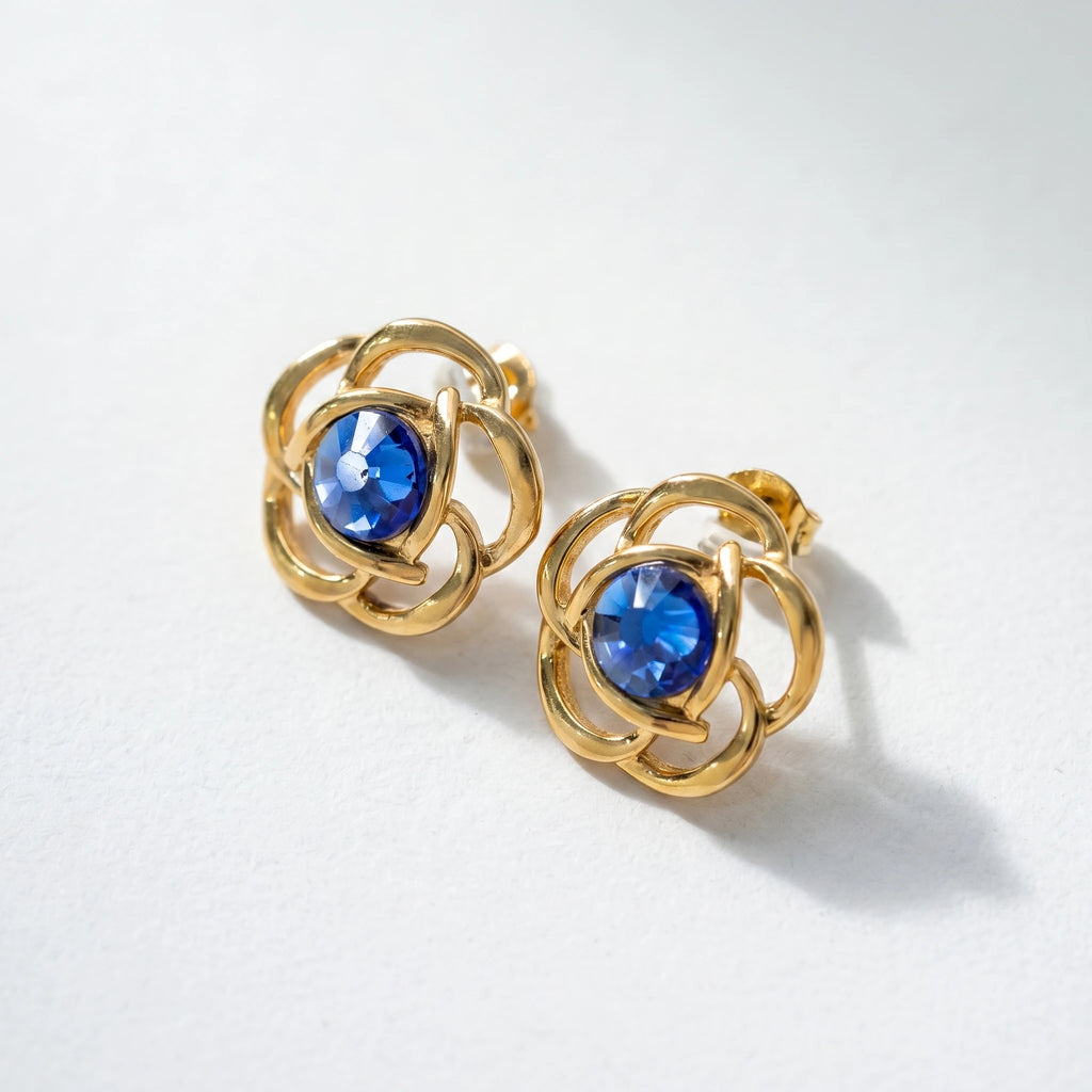 QIAOREN 12455 Vintage Hollow Flower Rose Ear Studs Waterproof Stainless Steel With Sapphire Blue Crystal Anti Tarnish Elegant