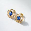 QIAOREN 12455 Vintage Hollow Flower Rose Ear Studs Waterproof Stainless Steel With Sapphire Blue Crystal Anti Tarnish Elegant