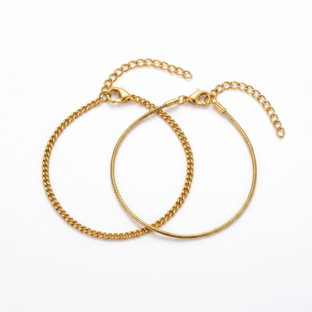 QIAOREN 10596 18K Gold Plated 2PCS Curb & Herringbone Chain Bracelet Set Stainless Steel Tarnish Free