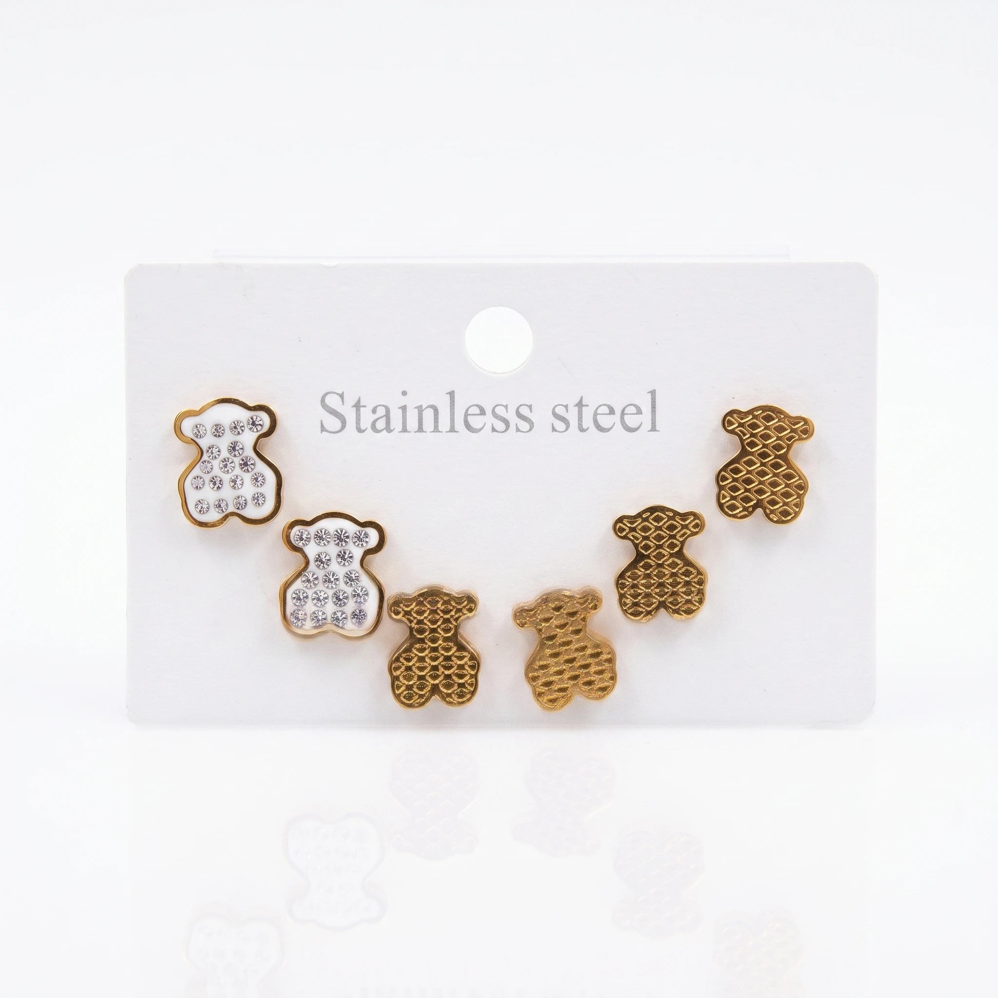 QIAOREN 14466 3 Pair Gold Stainless Steel Bear Stud Earrings, Paved CZ Enamel Bear & Honeycomb Textured Bear Earrings