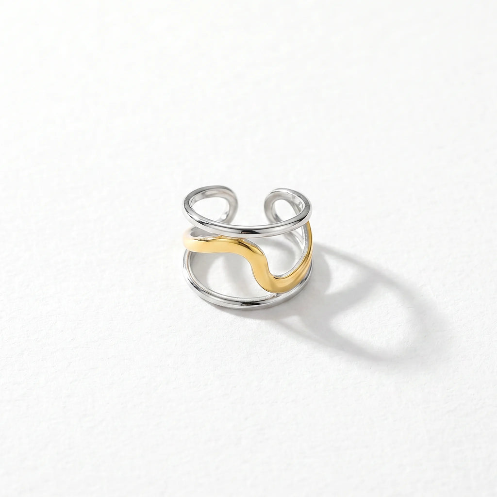 QIAOREN 12954-58 Gold Plated Stainless Steel Two Tone Snake Star Adjustable Rings Set Tarnish Free Waterproof Jewelry