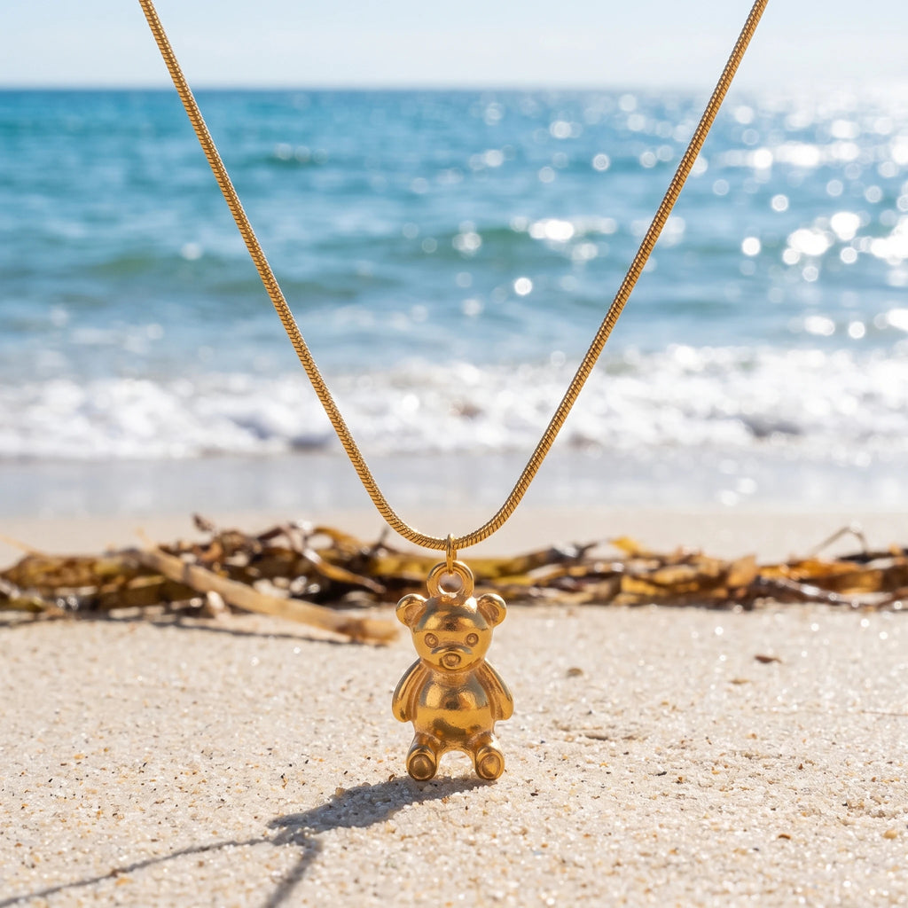 QIAOREN 14376 Cute 3D Teddy Bear Pendant Snake Chain Necklace, Stainless Steel Necklace Jewelry Gift for Daily Fashion Outfits