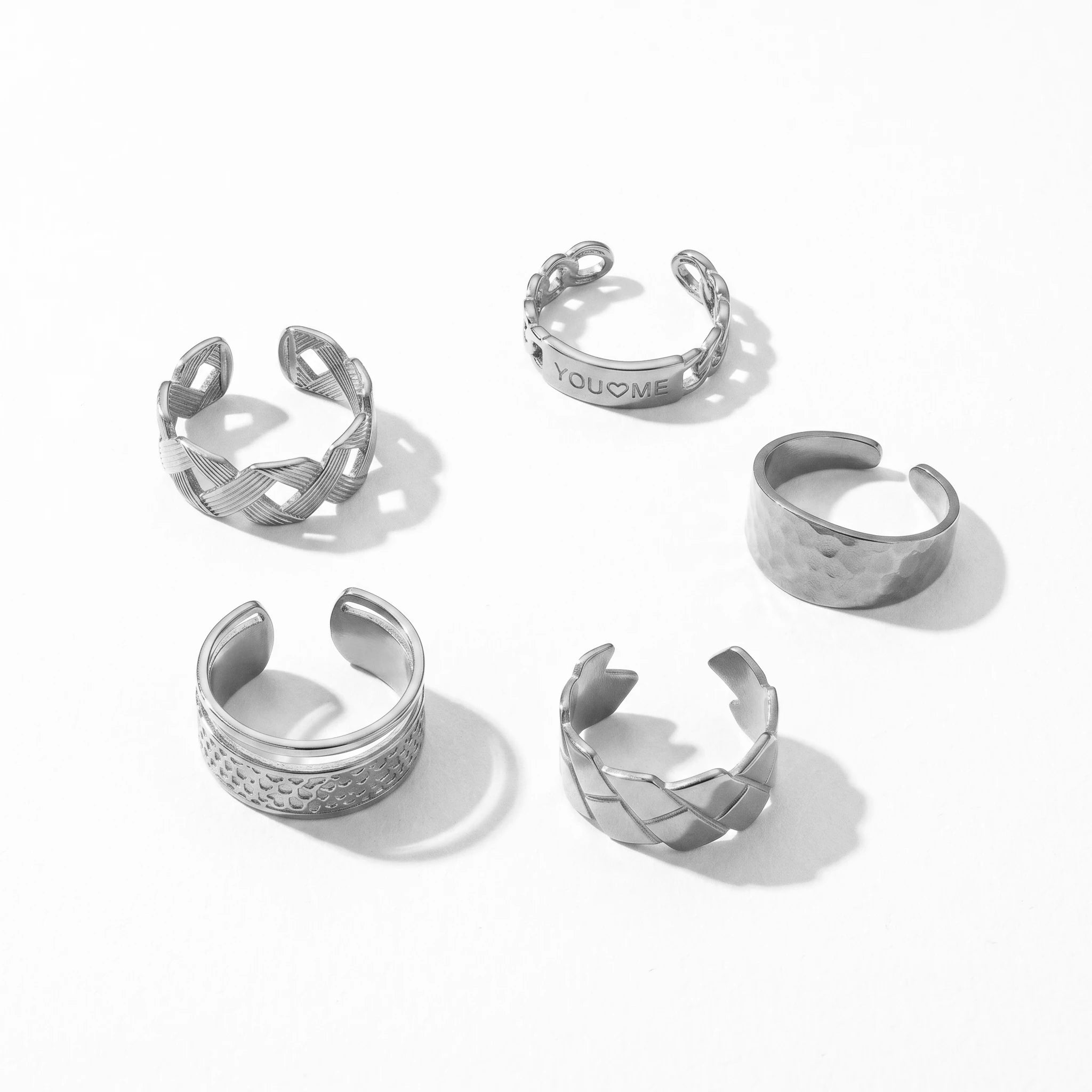 QIAOREN 10706 18K Gold Stainless Steel Adjustable Open Rings Braided Hammer Engraved Stackable Jewelry for Women