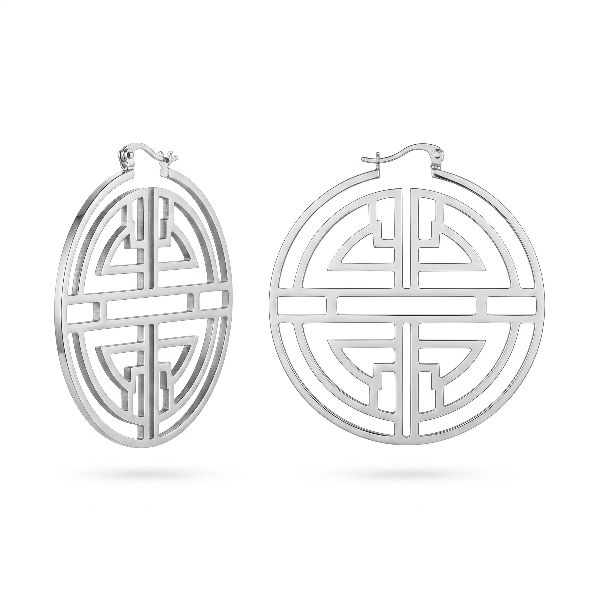 QIAOREN 11186 Vintage Chinese Style Hoop Earrings Gold Stainless Steel Hollow Geometric Statement Earrings for Women