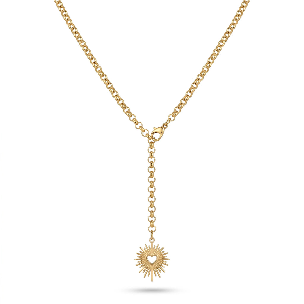 QIAOREN 11801 18K Gold Plated Stainless Steel Anti-Tarnish Sunburst Heart Lariat Y-Necklace Adjustable Dainty Pendant for Women