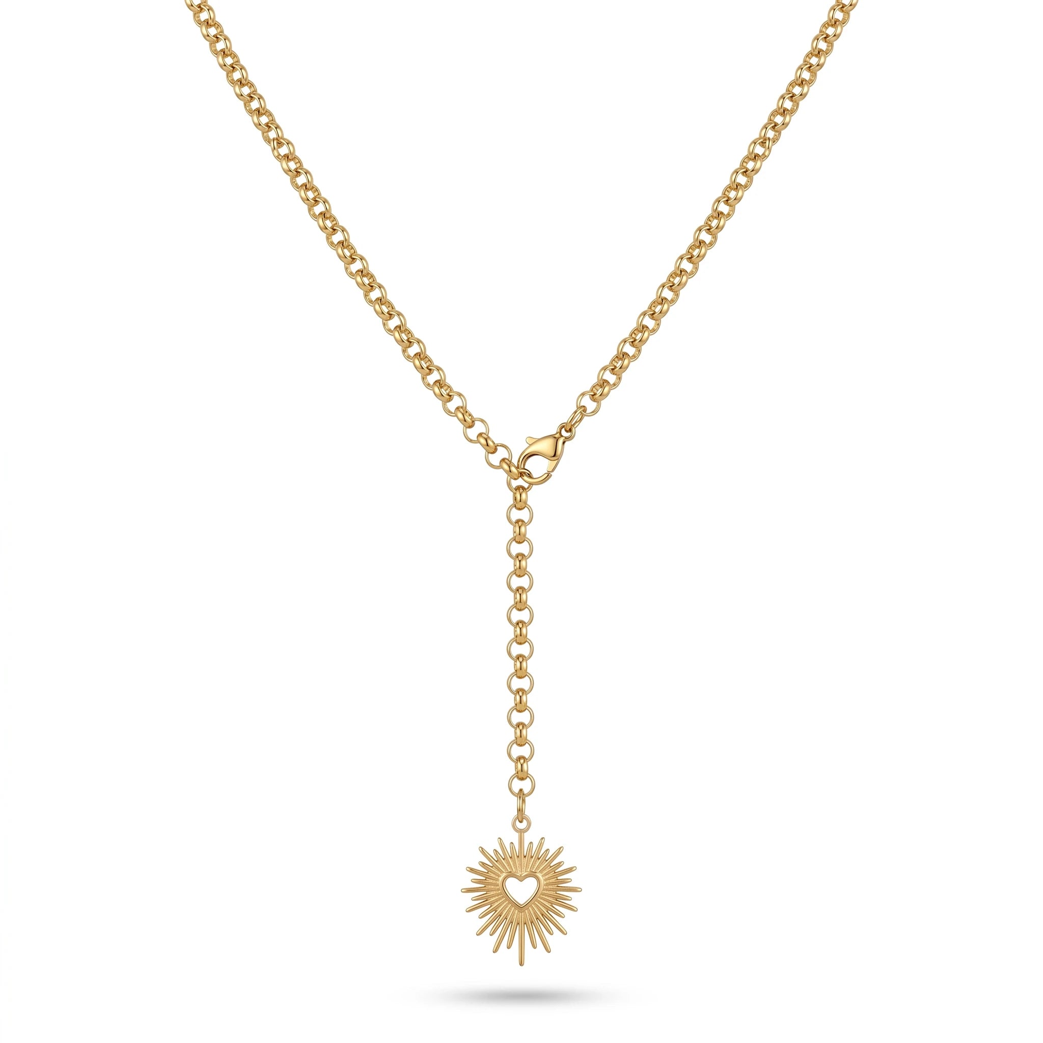 QIAOREN 11801 18K Gold Plated Stainless Steel Anti-Tarnish Sunburst Heart Lariat Y-Necklace Adjustable Dainty Pendant for Women