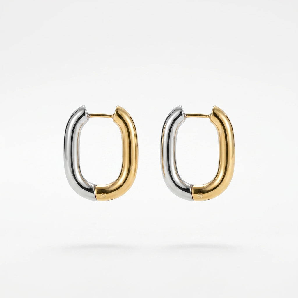 QIAOREN 12451 Niche Mixed Metal Two Color U Shape Hoop Earrings Stainless Steel PVD Plated No Fade Glossy Chunky Ear Rings Gift
