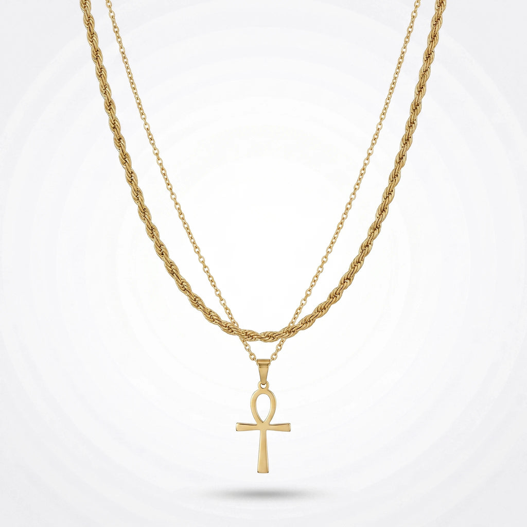 QIAOREN 11495 Rust Resistant Waterproof 18K Gold Plated Stainless Steel Ankh Symbol Layered Necklace