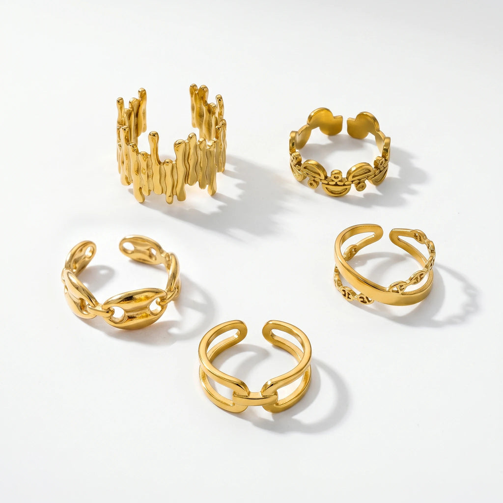 QIAOREN 5Pcs 18K Gold Plated Stainless Steel Open Ring Set, Adjustable Stackable Durable Finger Rings