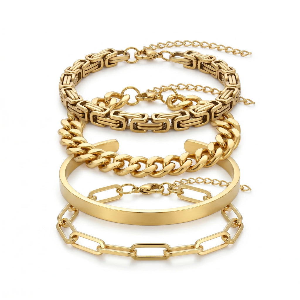 QIAOREN 11527 Modern Stackable Gold Chain Bracelet Set 18K Plated Stainless Steel for Women