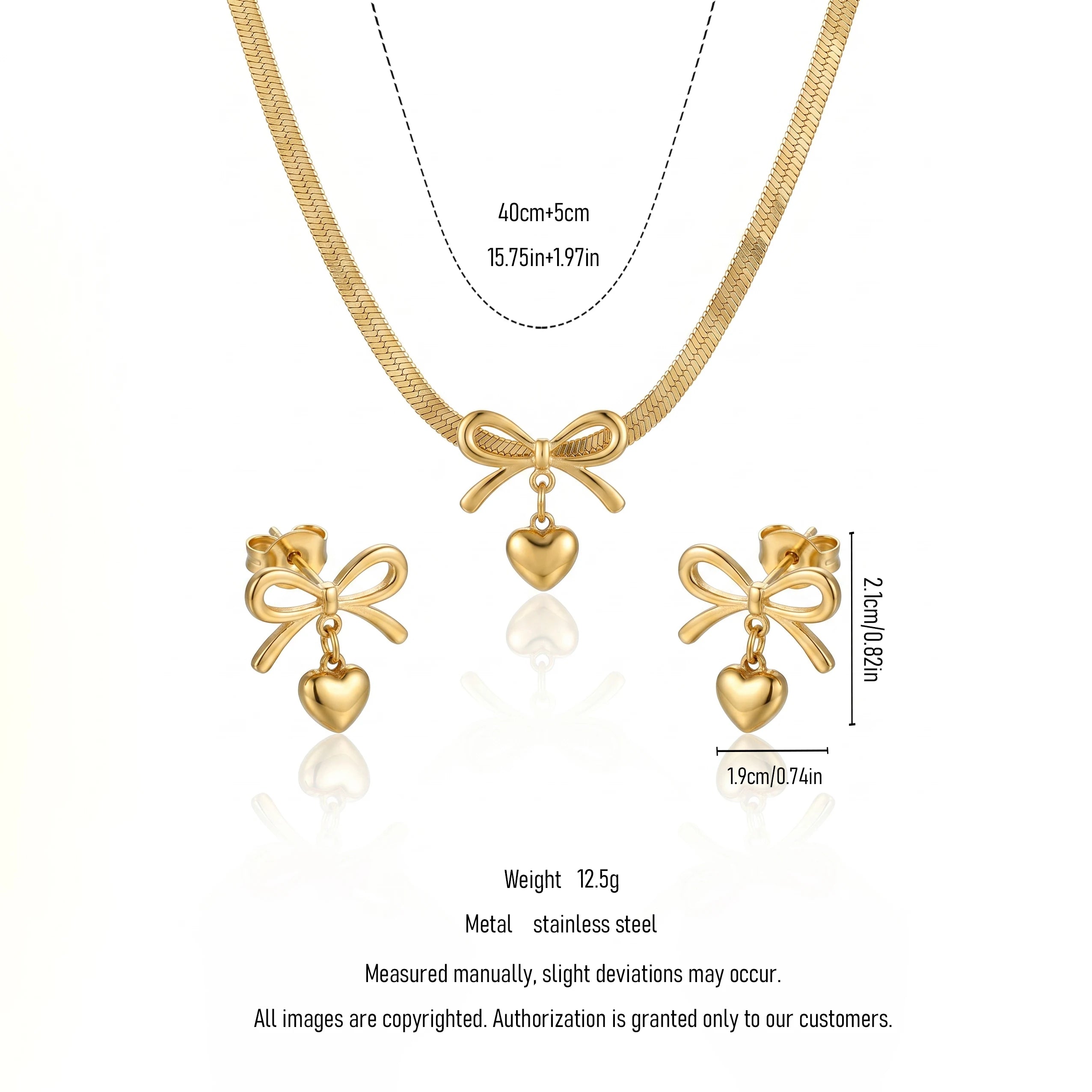 QIAOREN 11686 Tarnish Free 18K Gold Stainless Steel Bow & Heart Jewelry Set Herringbone Necklace & Earrings
