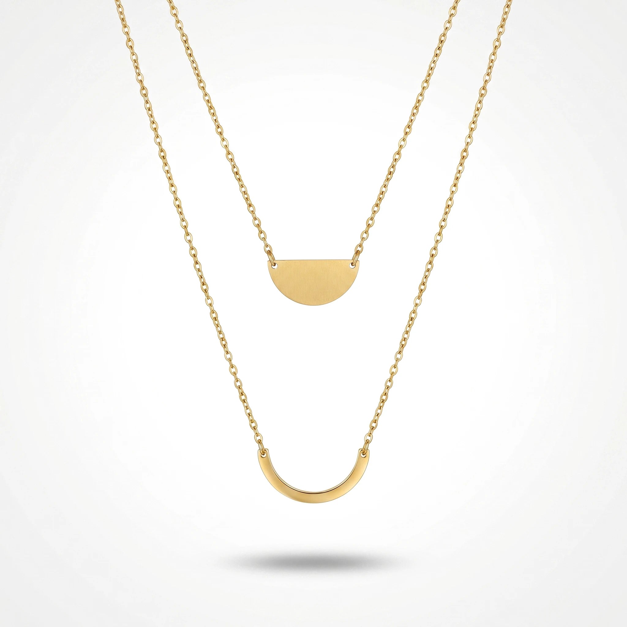 QIAOREN 11965 Wholesale 18K Gold Plated Stainless Steel Layered Necklace Double Curved Half Moon Trend Women Daily Jewelry