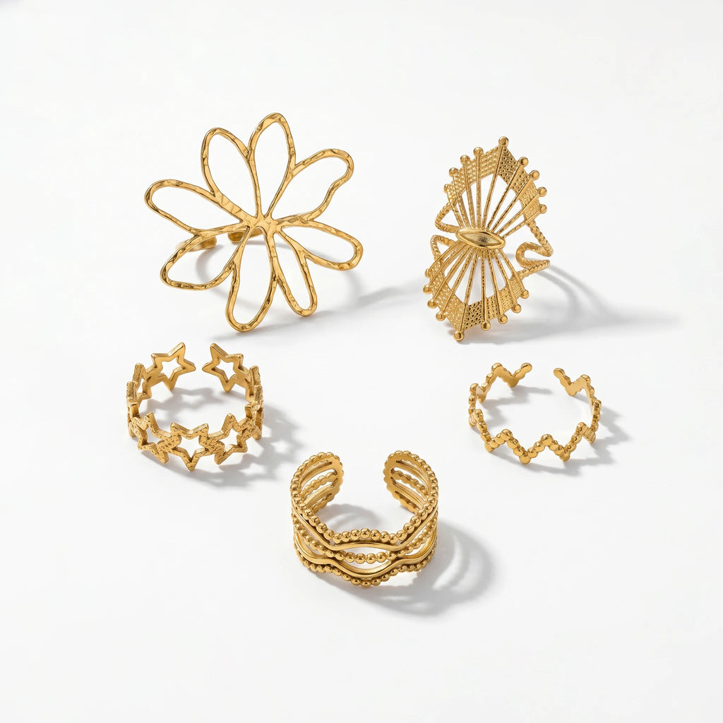 QIAOREN 13076-80 5Pcs 18K Gold Plated Stainless Steel Open Ring Set, Adjustable Stackable Flower & Heart Finger Rings