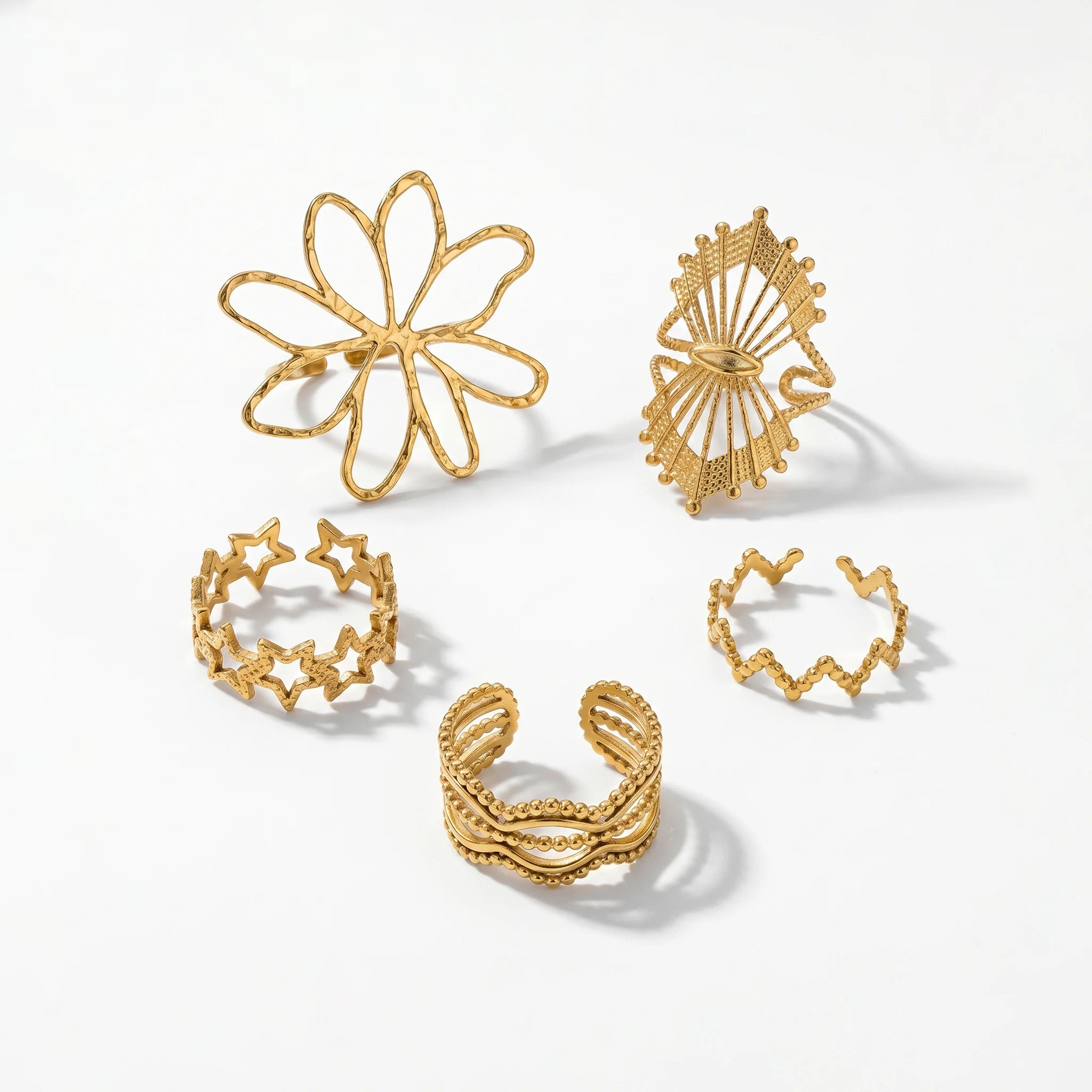 QIAOREN 13076-80 5Pcs 18K Gold Plated Stainless Steel Open Ring Set, Adjustable Stackable Flower & Heart Finger Rings
