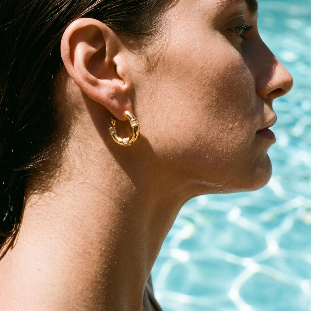 QIAOREN 12501  Segmented Hoop Earrings Gold Stainless Steel Micro Pave CZ Chunky C Hoops Women Statement US