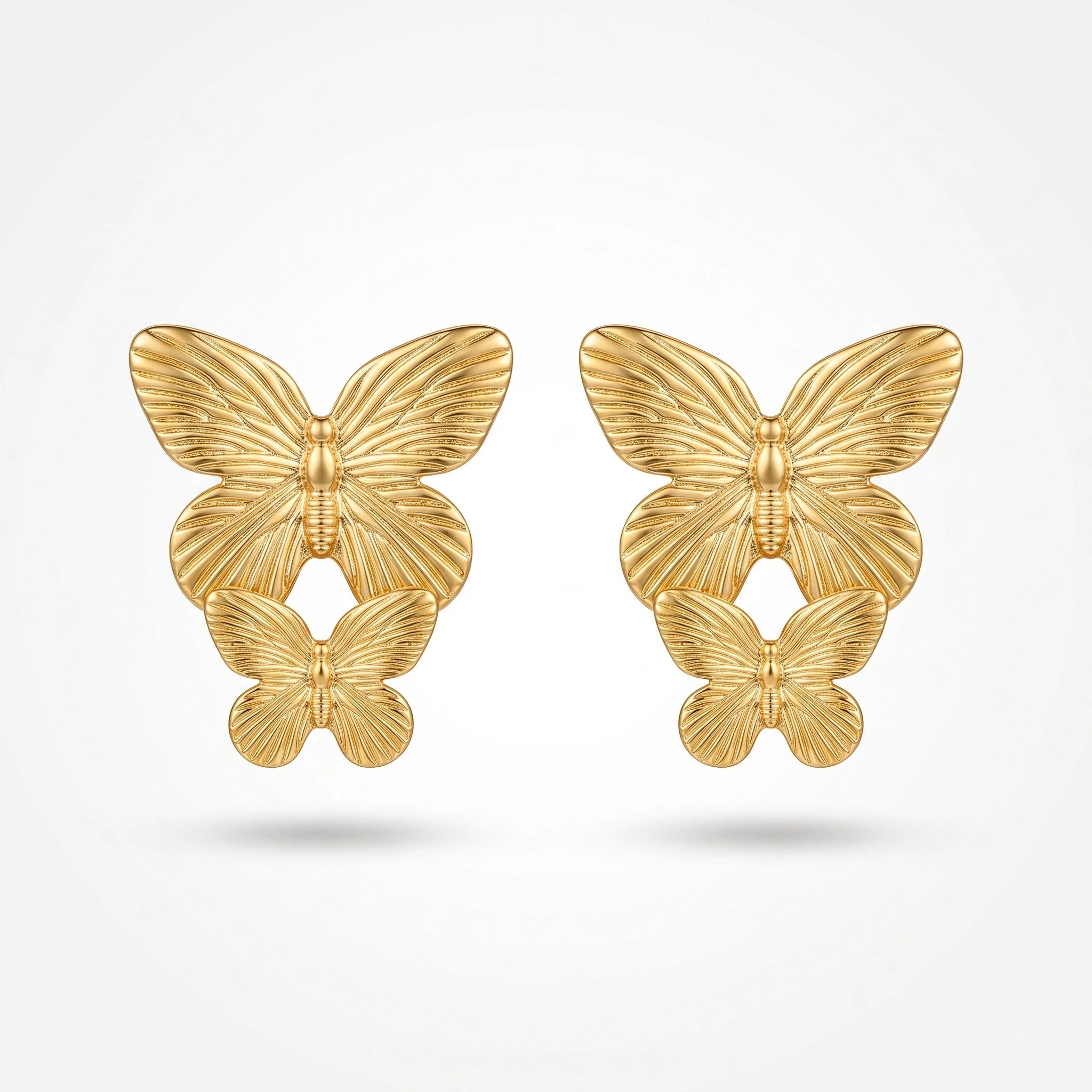 QIAOREN 13275 Gold Tone Double Butterfly Stud Earrings Fine Vein Textured Two Layer Butterfly Pin Studs Retro Elegant