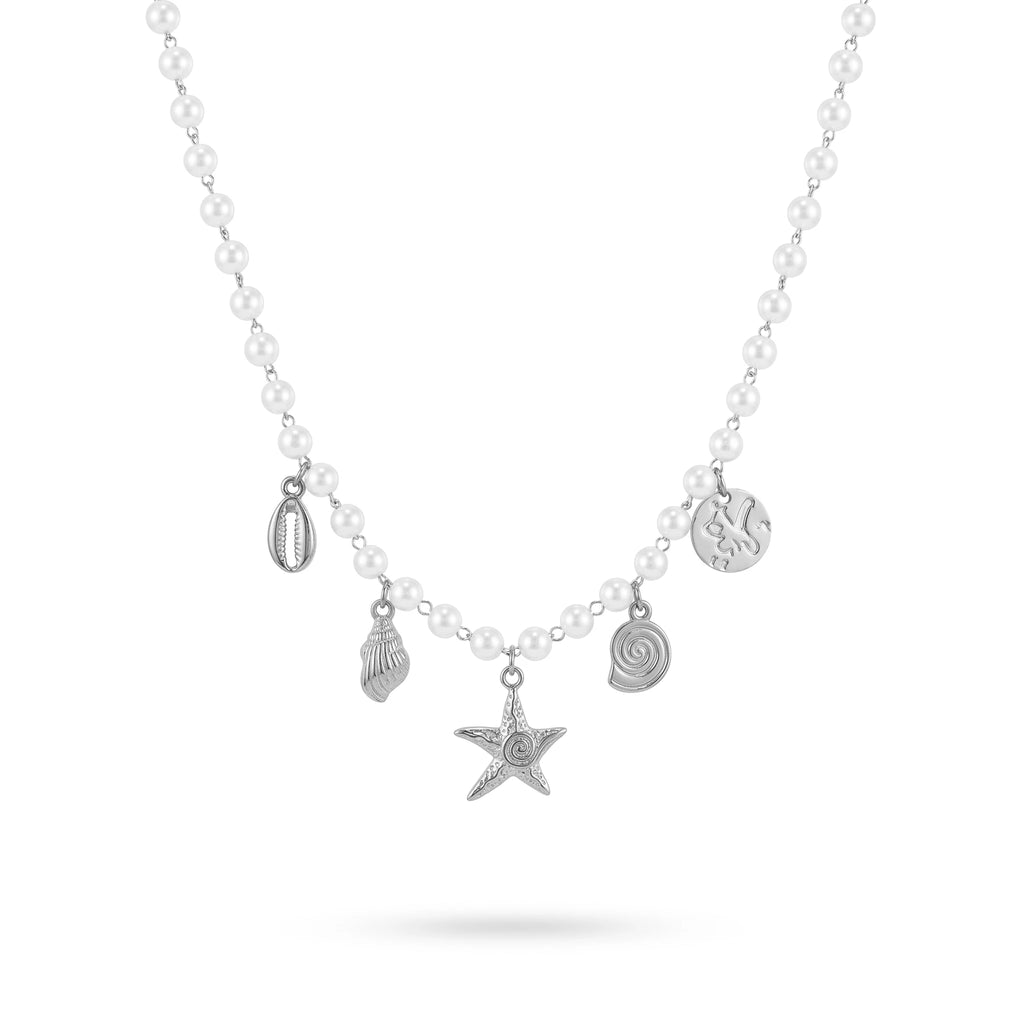 QIAOREN 11293 18K Gold Plated Pearl Choker Necklace With Ocean Charms Stainless Steel Tarnish Free Waterproof Jewelry
