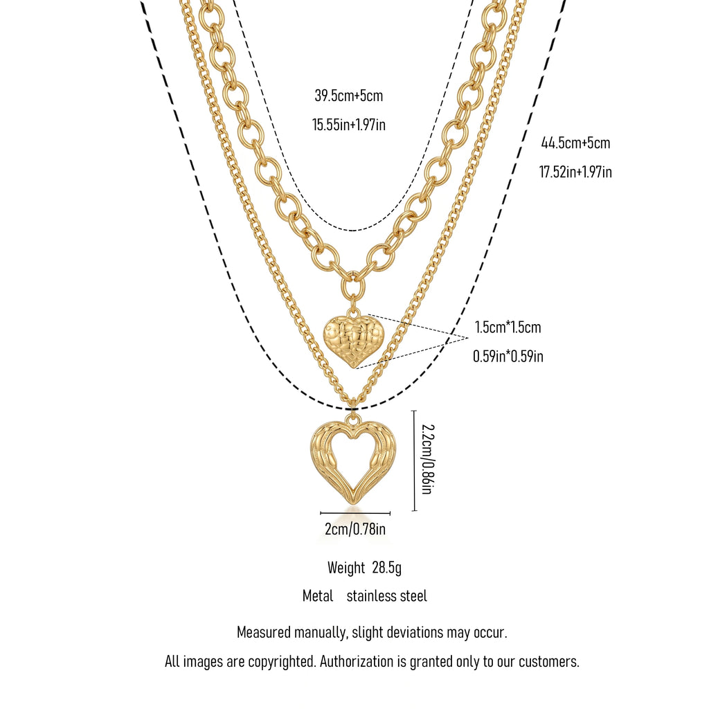 QIAOREN 11505 Stainless Steel Double Layer Heart Necklace Wing Hollow Heart Pendant Adjustable Gold Stack Jewelry for Women