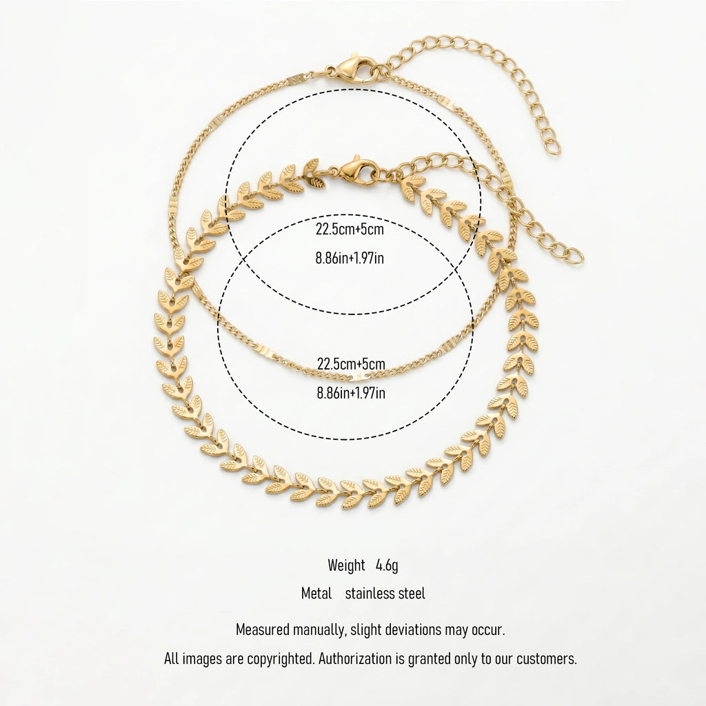 QIAOREN 11513 18K Gold Plated Stainless Steel Olive Leaf Layered Anklet Waterproof Adjust Ankle Bracelet Women BeachJewelry