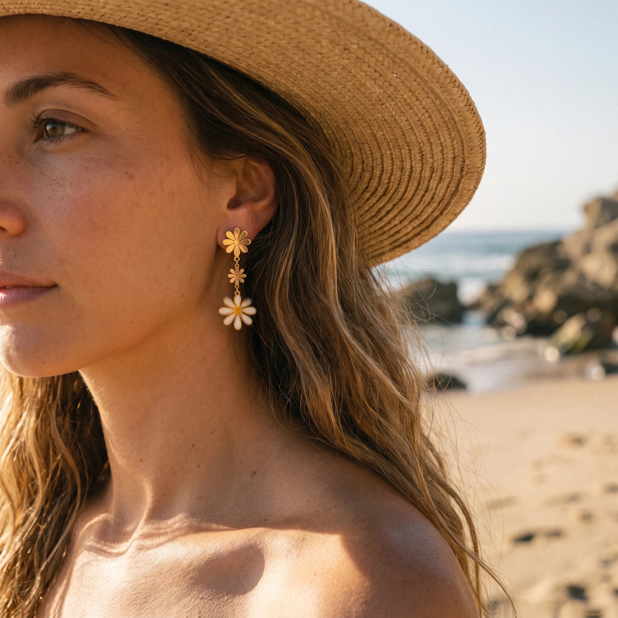 QIAOREN 14547 Triple Daisy Enamel Drop Stud Earrings, Gold Floral Dangle Earrings with White Yellow Enamel Jewelry