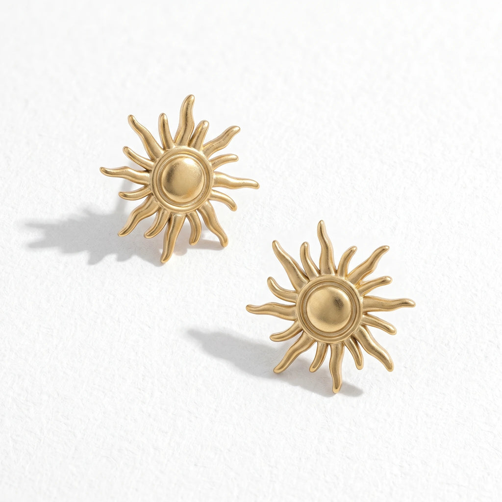 QIAOREN 10933 Boho Sun Stud Earrings, 18K Gold Plated Stainless Steel Summer Statement Jewelry