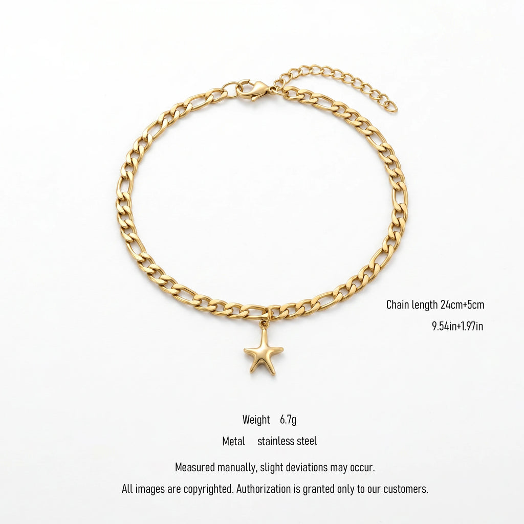 QIAOREN 11091 Stainless Steel Starfish Anklet Gold Chain Beach Style Waterproof Summer Foot Jewelry for Women Gift