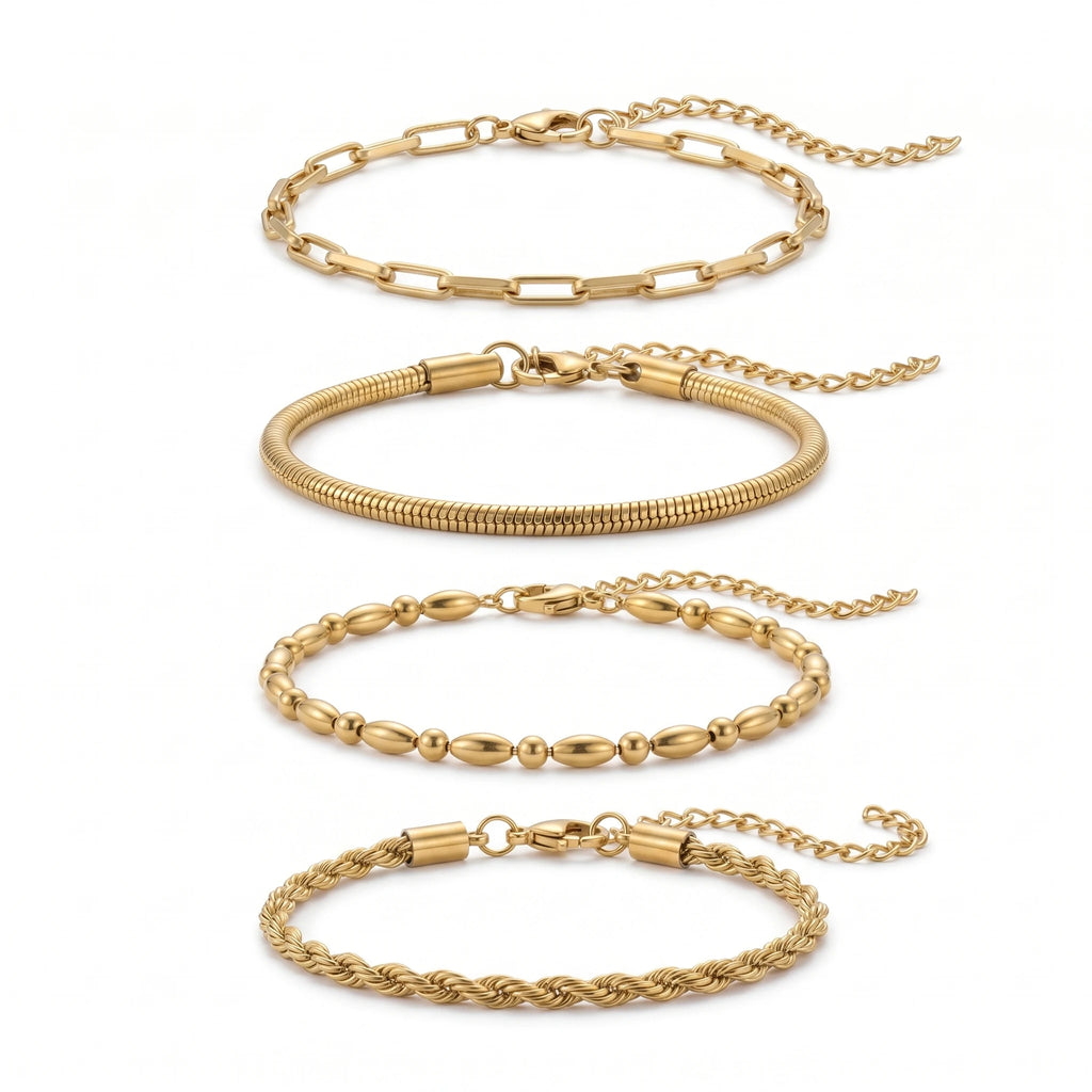 QIAOREN 11503 Waterproof Tarnish Resistant 18K Gold Plated Stainless Steel 4pcs Layering Bracelet Set