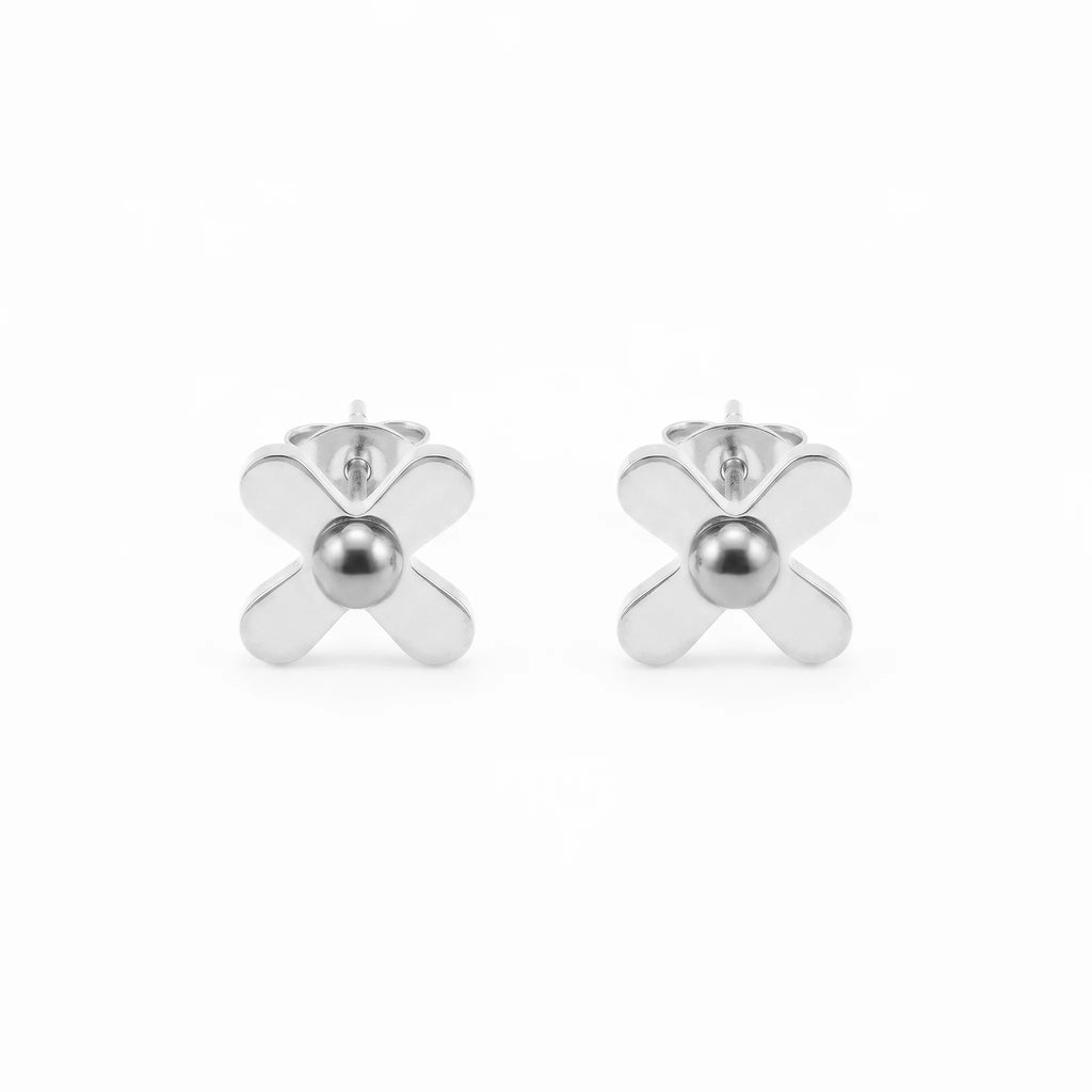 QIAOREN 11774  Ins Chic Solid Cross With Central Ball Stainless Steel Stud Earrings Gold Trend Accessory for American European