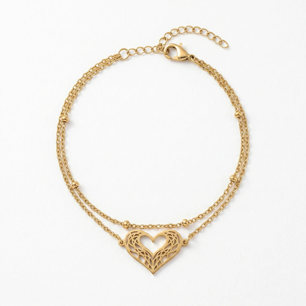 QIAOREN 11944 Trendy Filigree Heart Layered Bracelet Stainless Steel 18K Gold Plated Cutout Love Heart Satellite Chain Jewelry