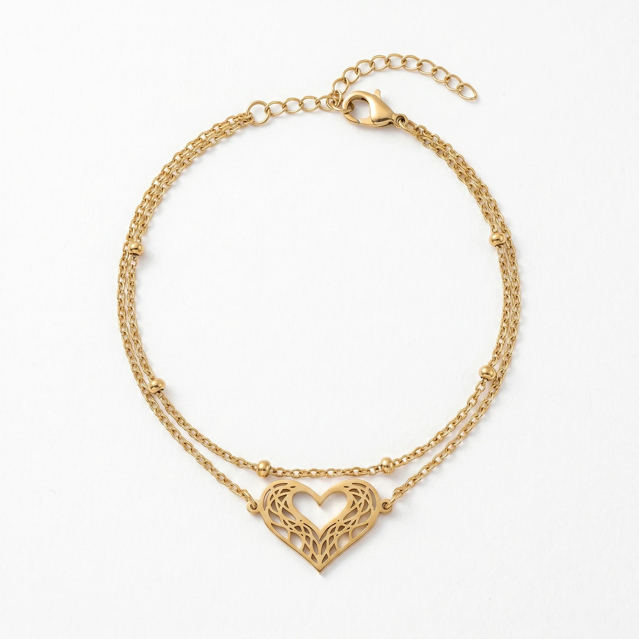 QIAOREN 11944 Trendy Filigree Heart Layered Bracelet Stainless Steel 18K Gold Plated Cutout Love Heart Satellite Chain Jewelry